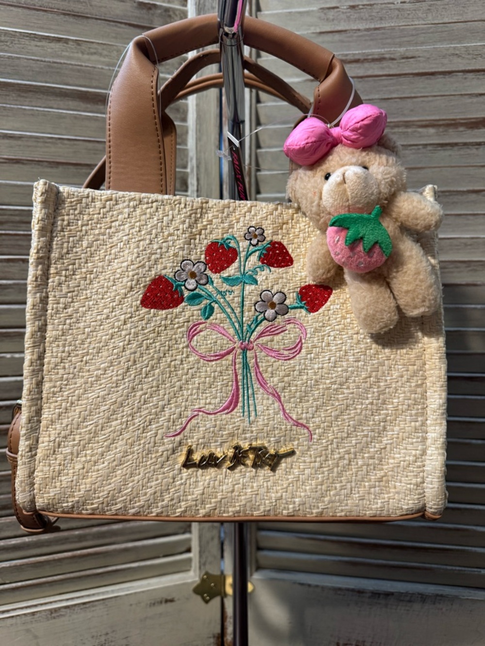 Luv Betsey Johnson Strawberry Raffia Tote NWT Bear Charm
